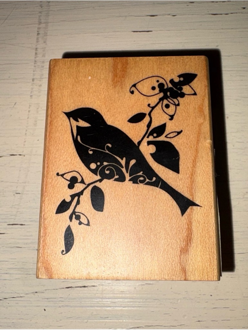 Inkadinkado wood mounted rubber stamp bird branch perch spring trees 3” wingspan